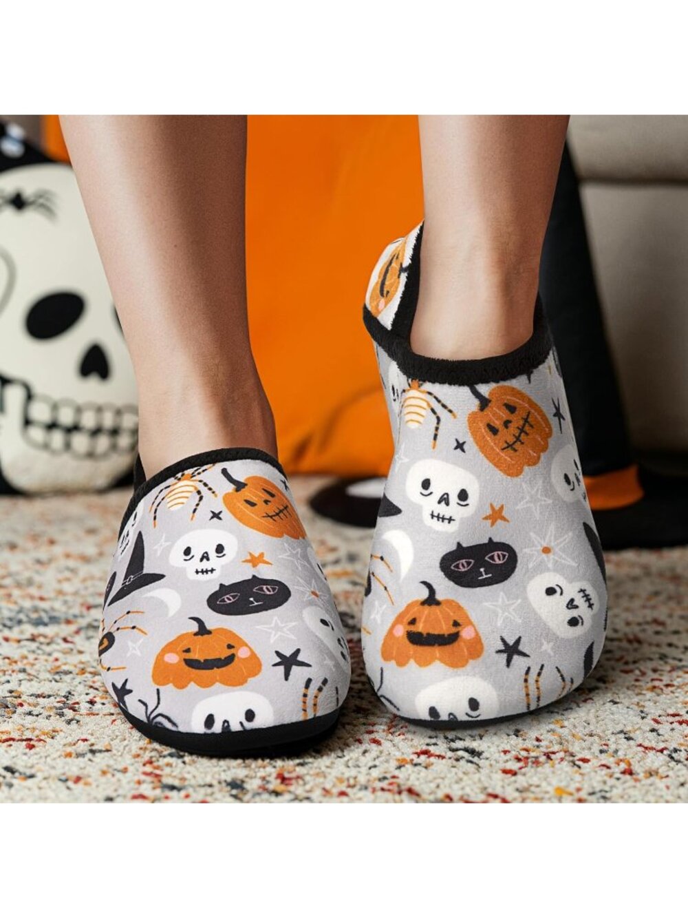 Women's Halloween Ghost Barefoot Socks Furry Cozy Fleece Slip On Indoor Slippers - Picture 2 of 5